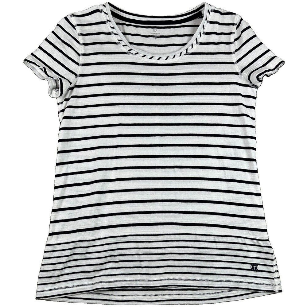 T By Talbots Striped Scoop Neck T-Shirt Short Sleeve Black White Women SP Petite